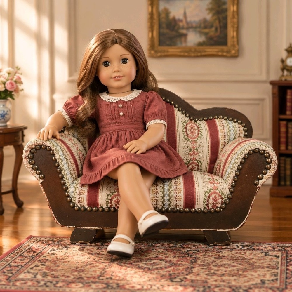 1:4 Doll Sofa Wood Frame Fabric Upholstery Brown Floral Stripe Victorian Style